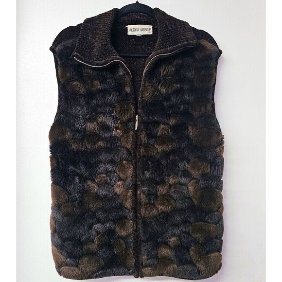 VICTORIA HARBOUR Vintage Brown Vest FullZip Faux Fur Pockets On Both Sides